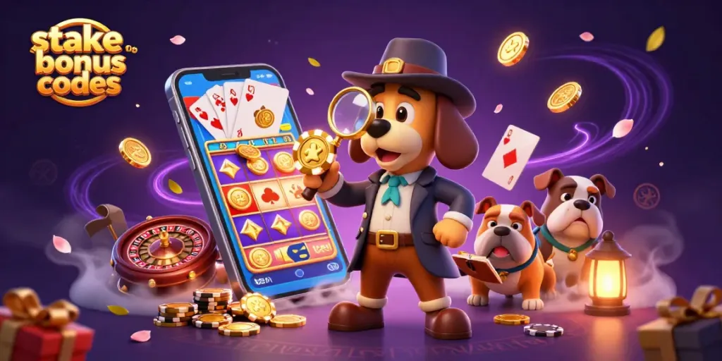Engage with stake us bonus codes while a detective investigates poker chip clues surrounded by casino elements.