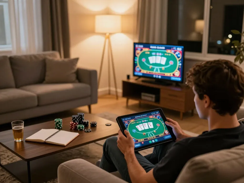Tg88 player enjoying dynamic poker game on tablet in cozy home setting.