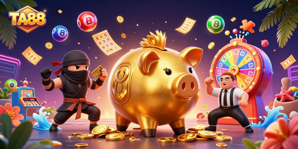 Experience TA88 gaming excitement with charming casino characters, money rain, and vibrant lottery elements.