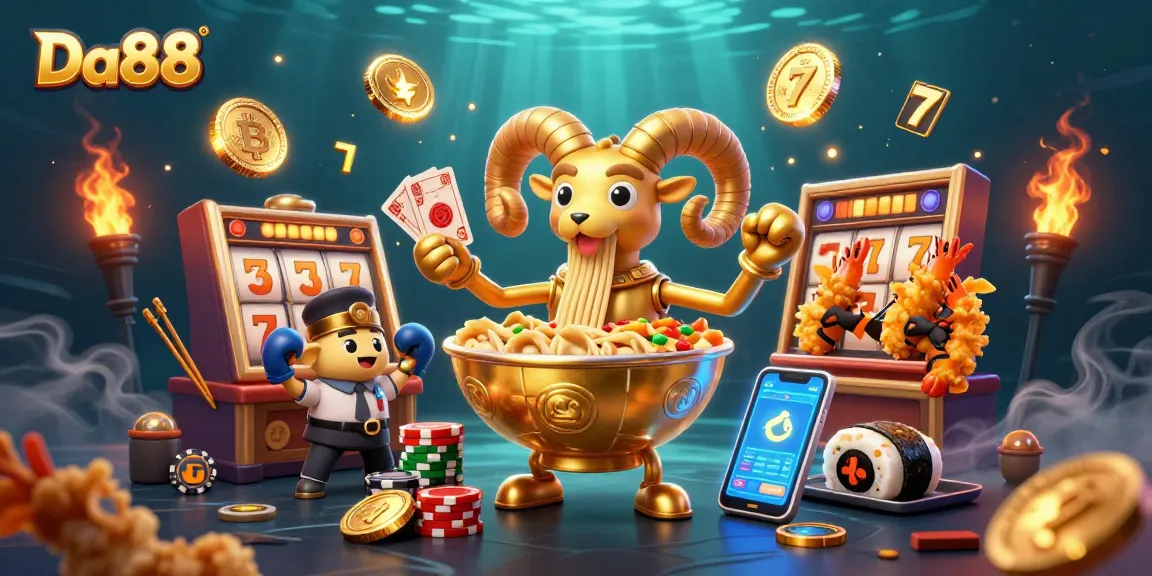 Engage in thrilling gameplay with Da88's vibrant slot game scene featuring unique characters.