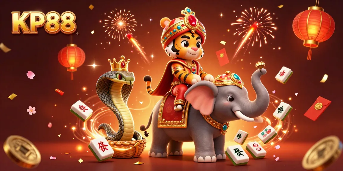 Experience gaming excitement with KP88's vibrant 3D casino atmosphere featuring majestic characters and festive elements.