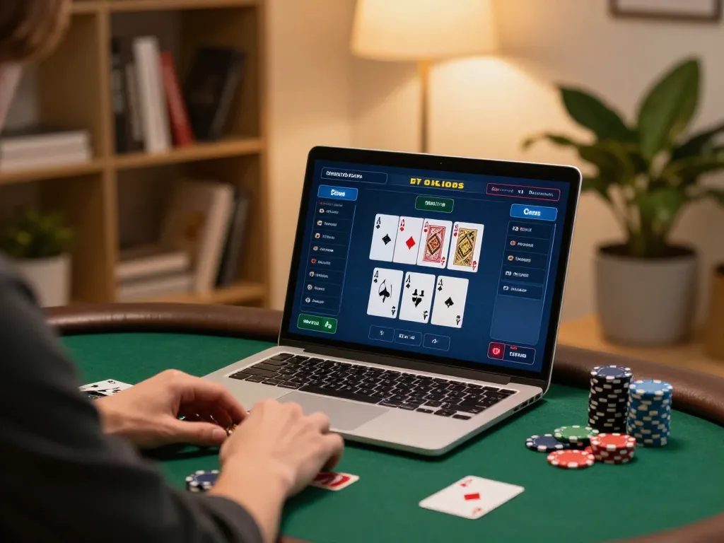 Person strategizing poker at home with ok365, enhancing online gaming experience.