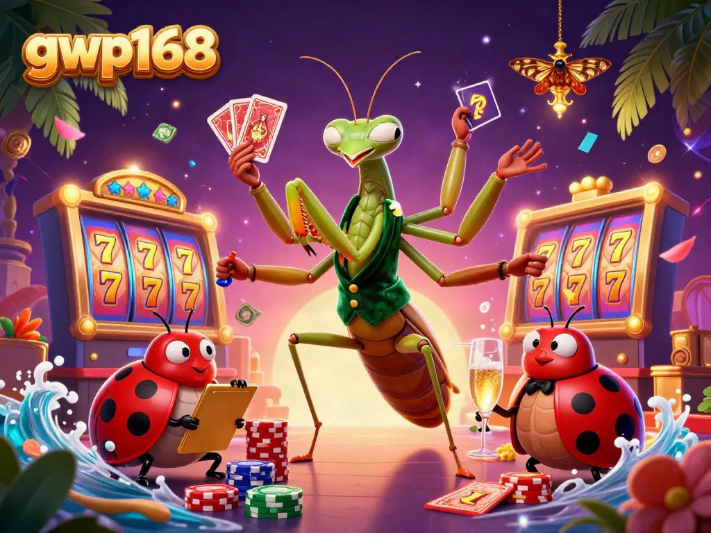 GWP168 menyajikan suasana kasino dengan mantis raksasa dan petugas ladybug, dikelilingi elemen permainan slot.
