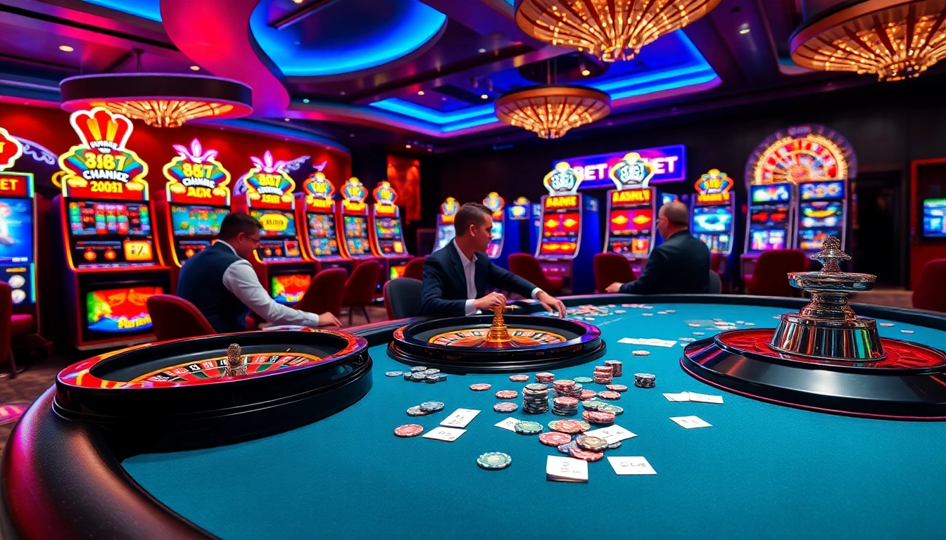 Experience the excitement of 88bet at a luxurious casino table with players and slot machines.