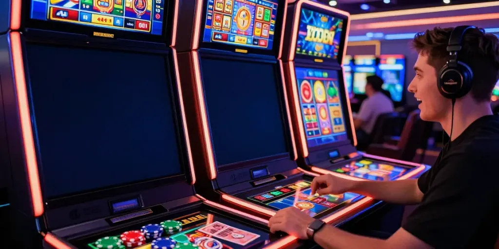 Player enjoying a thrilling akunjp gaming experience at an online casino with vibrant graphics.