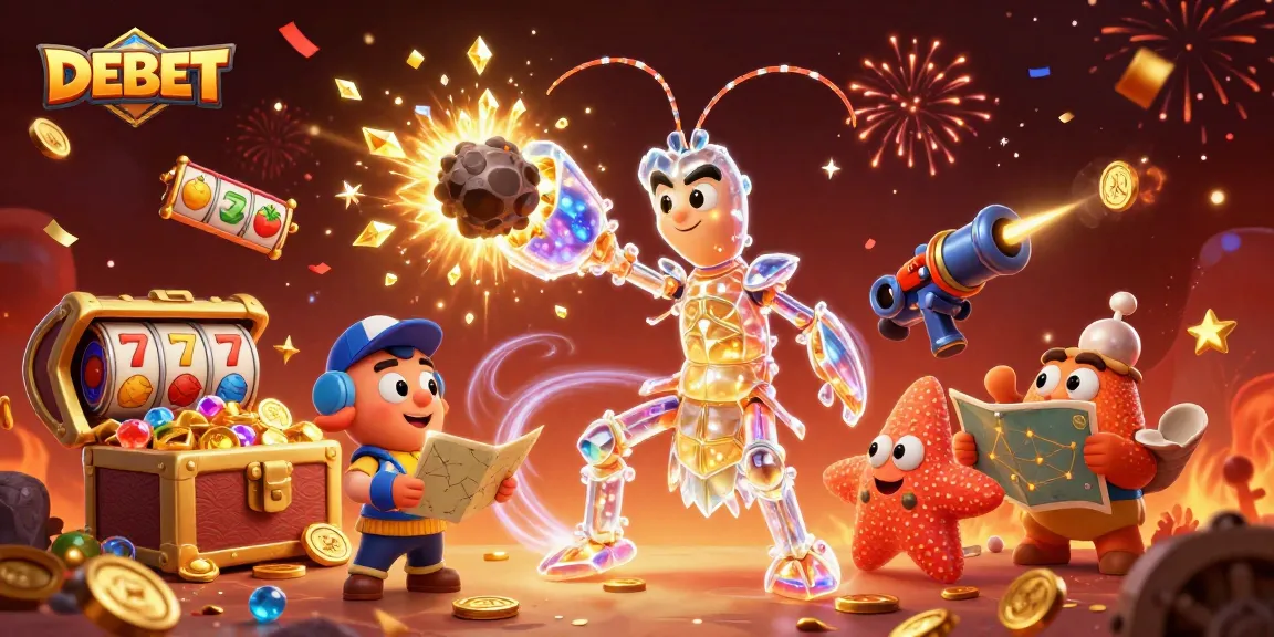 DEBET powers through treasure-filled asteroids in a vibrant cosmic casino adventure.