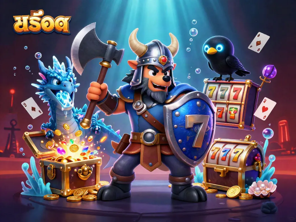 Experience the excitement of สล็อต with a Viking warrior, dragon, and gold treasure in a captivating casino scene.