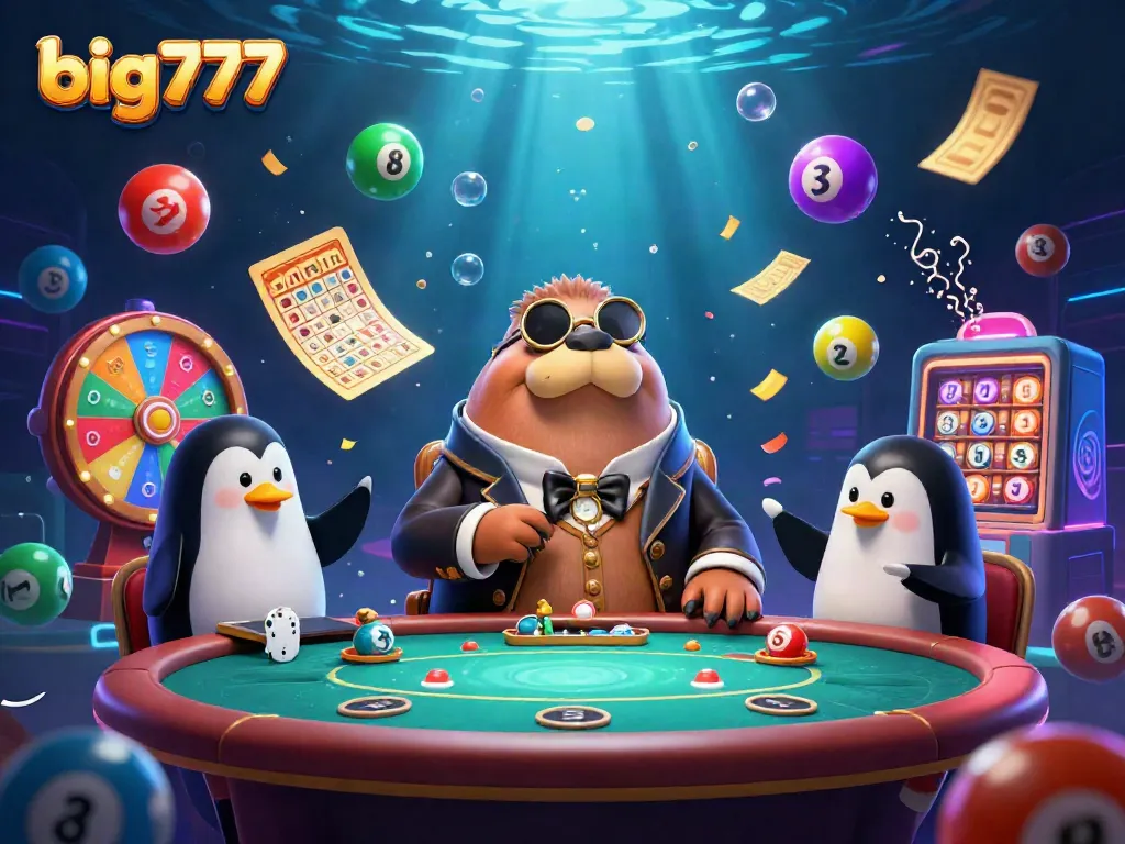 Watch the big777 walrus play at an underwater poker table, surrounded by exciting slot elements.
