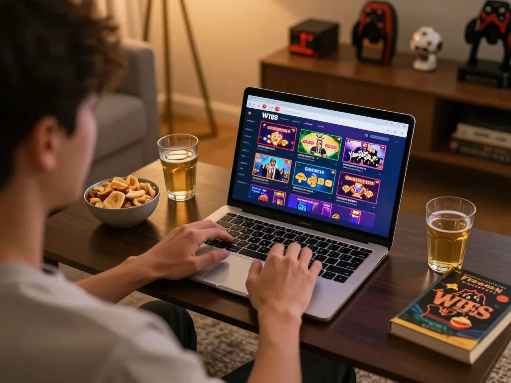 Experience online gaming with W188 on a laptop at home with snacks and warm ambiance.