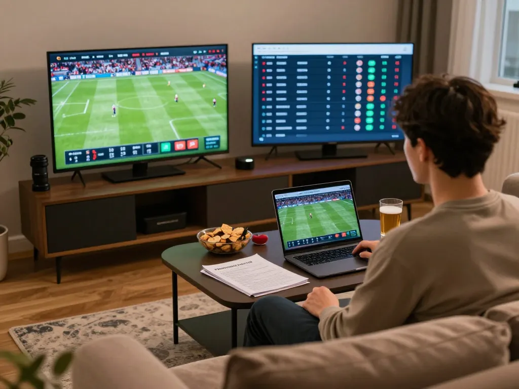 Person engaged in kèo nhà cái trực tiếp on multiple screens during a home sports betting session.