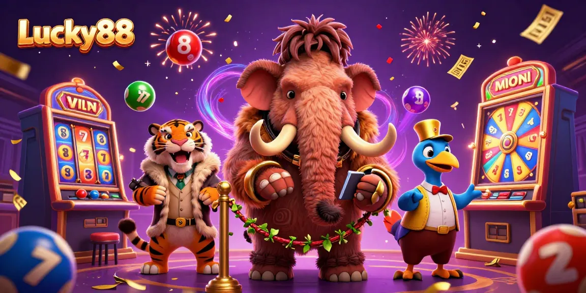Experience thrilling action with Lucky88 as a mammoth bouncer, saber-toothed VIP, and dodo doorman engage in a showcase of vibrant casino elements.