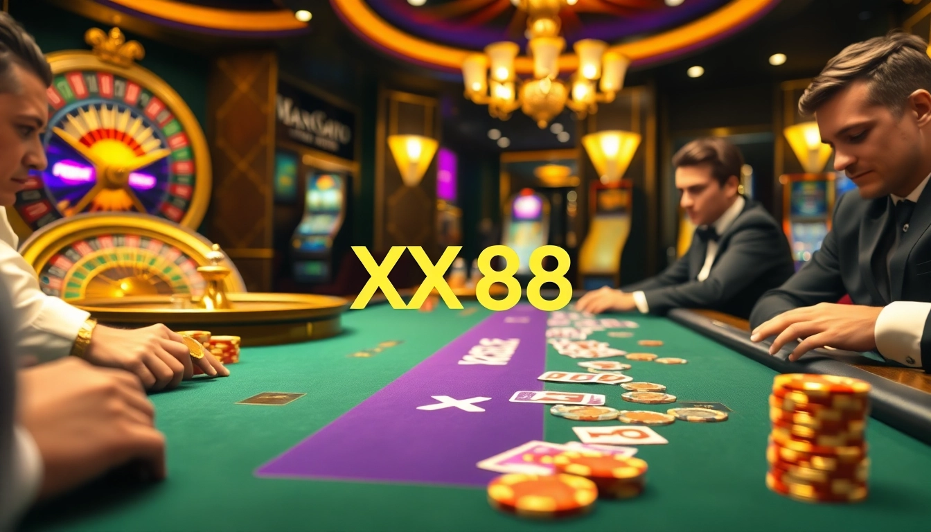 Exciting gaming atmosphere at XX 88 casino, showcasing a high-stakes poker table with vibrant cards and chips.