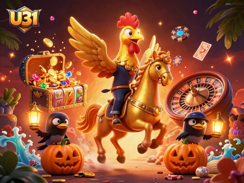 Experience the excitement of U31 casino with a golden rooster and magical casino elements.