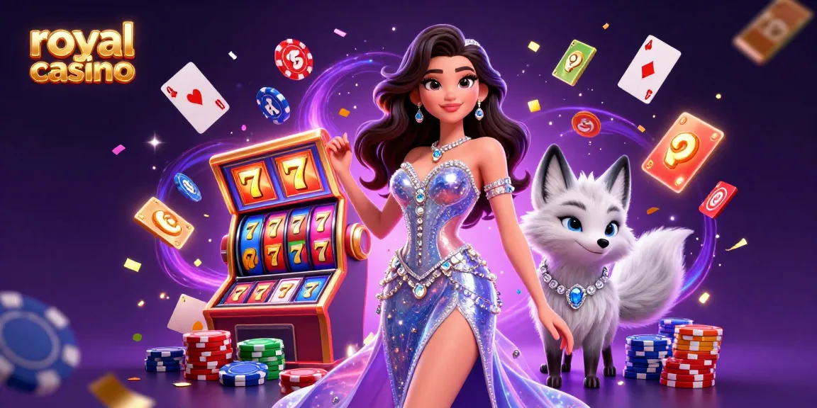 Experience excitement at royal casino with vibrant slot reels and charming characters.
