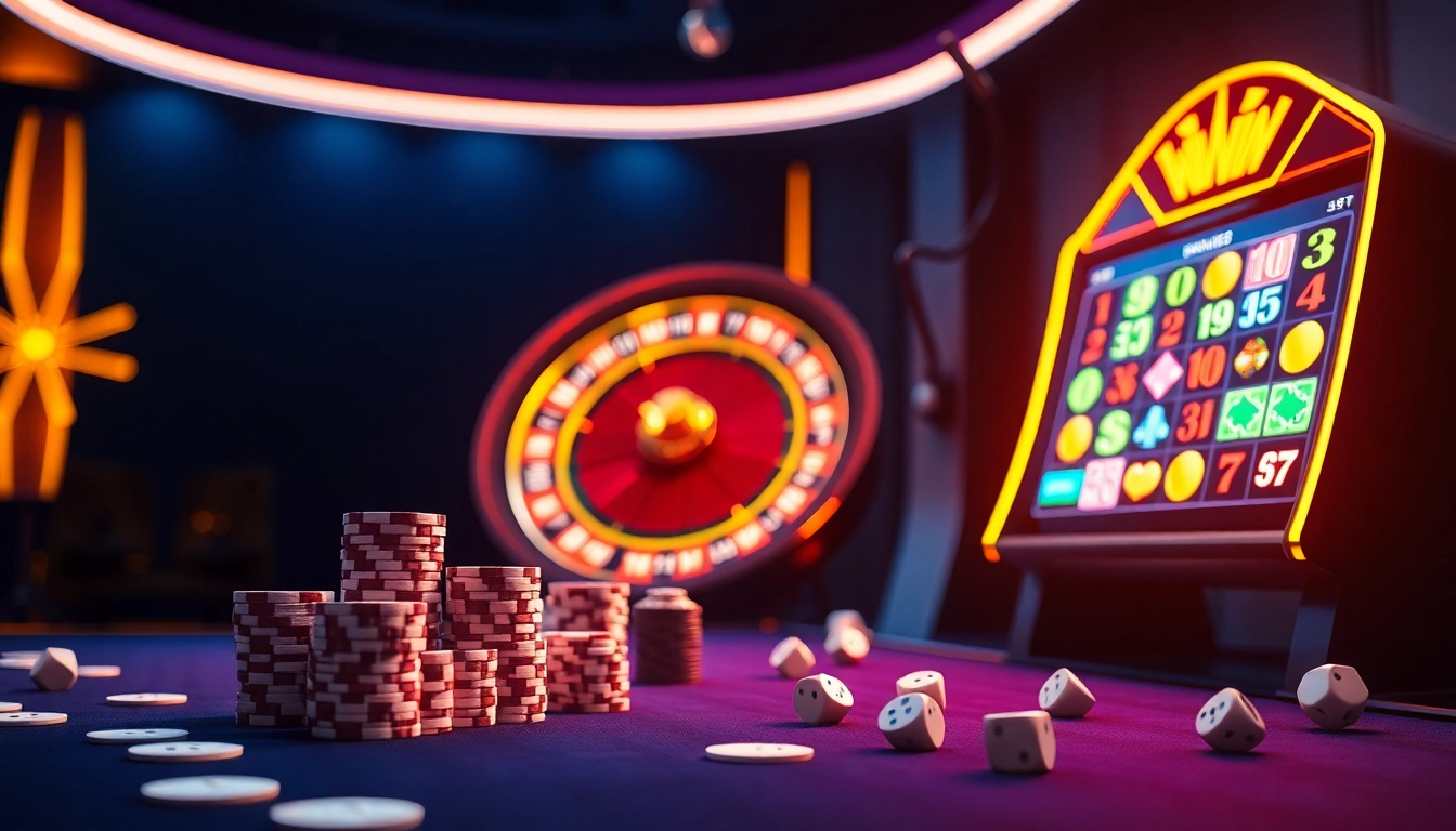 Exciting gambling action at 789win com featuring poker chips, roulette, and slot machines.