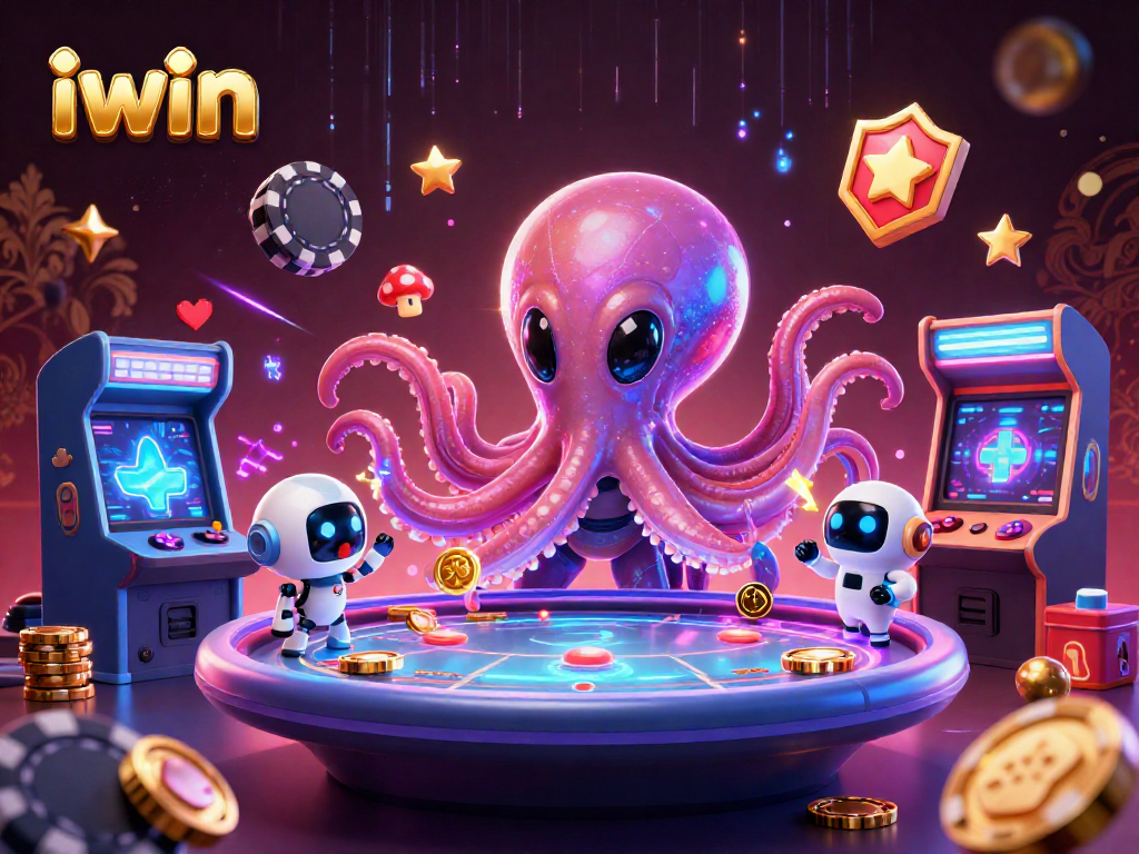 Engage with iwin's dynamic casino experience featuring an octopus and robot at a futuristic poker table.