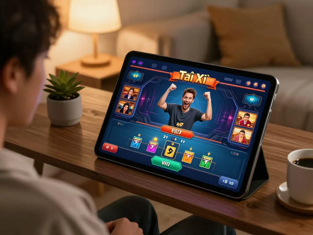 Tài xỉu online uy tín gameplay on a tablet in a cozy home setting with warm lighting.