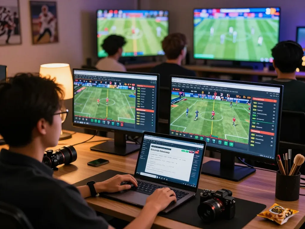 Engaging online betting setup showcasing kèo nhà cái hôm nay, with multiple screens and live sports events.