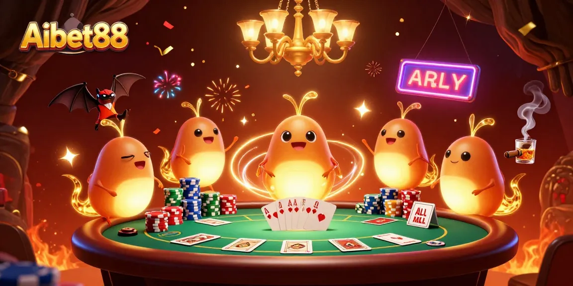 Aibet88's vibrant casino scene illuminated by glowworms and a bat dealer, showcasing an engaging poker atmosphere.