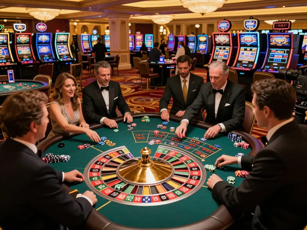 Tỷ lệ kèo nhà cái 5 in action with players at a roulette table in a luxurious Vegas casino setting