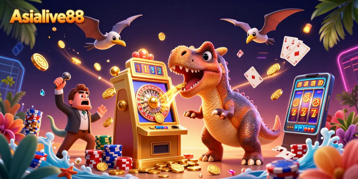 Asialive88 slot machine jackpot with animated characters and golden coins in a vibrant casino scene.