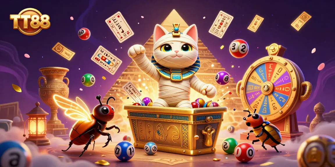 TT88's lively casino scene features a mummy cat and a scarab beetle surrounded by dynamic lottery elements.