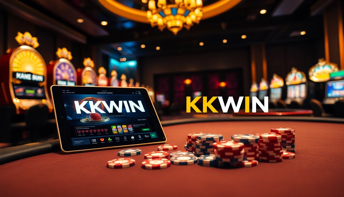 Kkwin logo displayed at a luxurious casino poker table, inviting gamblers to enjoy an exciting experience.