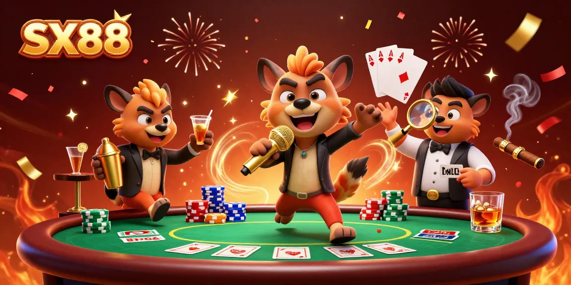 SX88 hyenas entertain in a bustling casino scene, vibrant with poker and drinks.