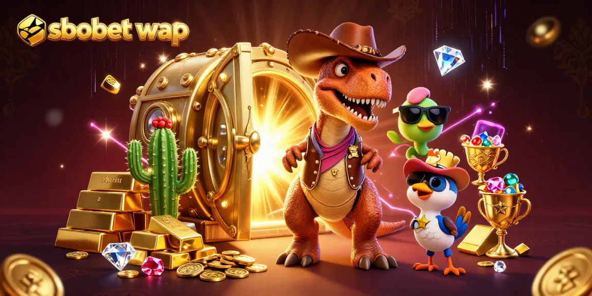 Engage in sbobet wap betting with a cartoon dinosaur and friends amidst treasure and casino riches.