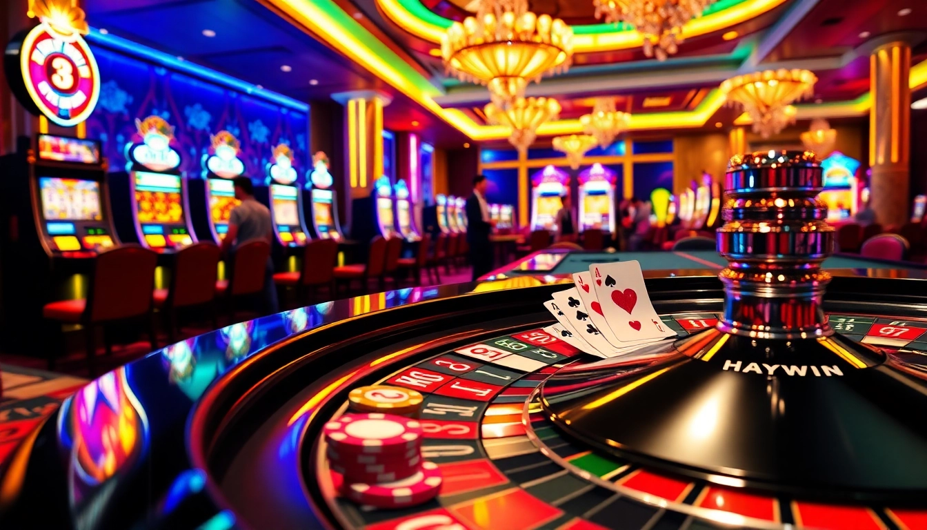 Haywin players enjoy an exciting game at a luxurious casino with roulette and poker action.