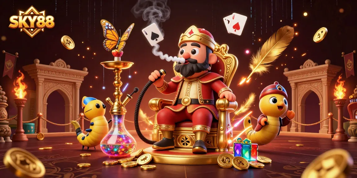 Experience the thrill of SKY88 with an energetic casino scene featuring poker symbols and vibrant characters.