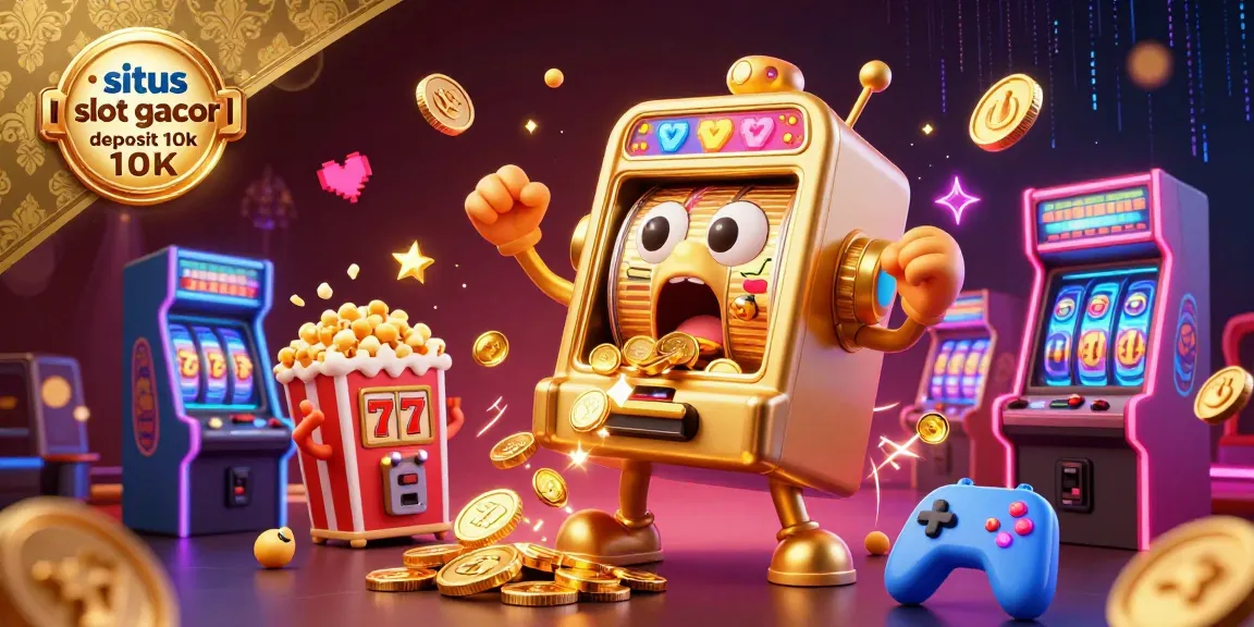 situs slot gacor deposit 10k showcases a vibrant scene with a gold slot machine celebrating as coins flow, amidst cheering companions and arcade games.