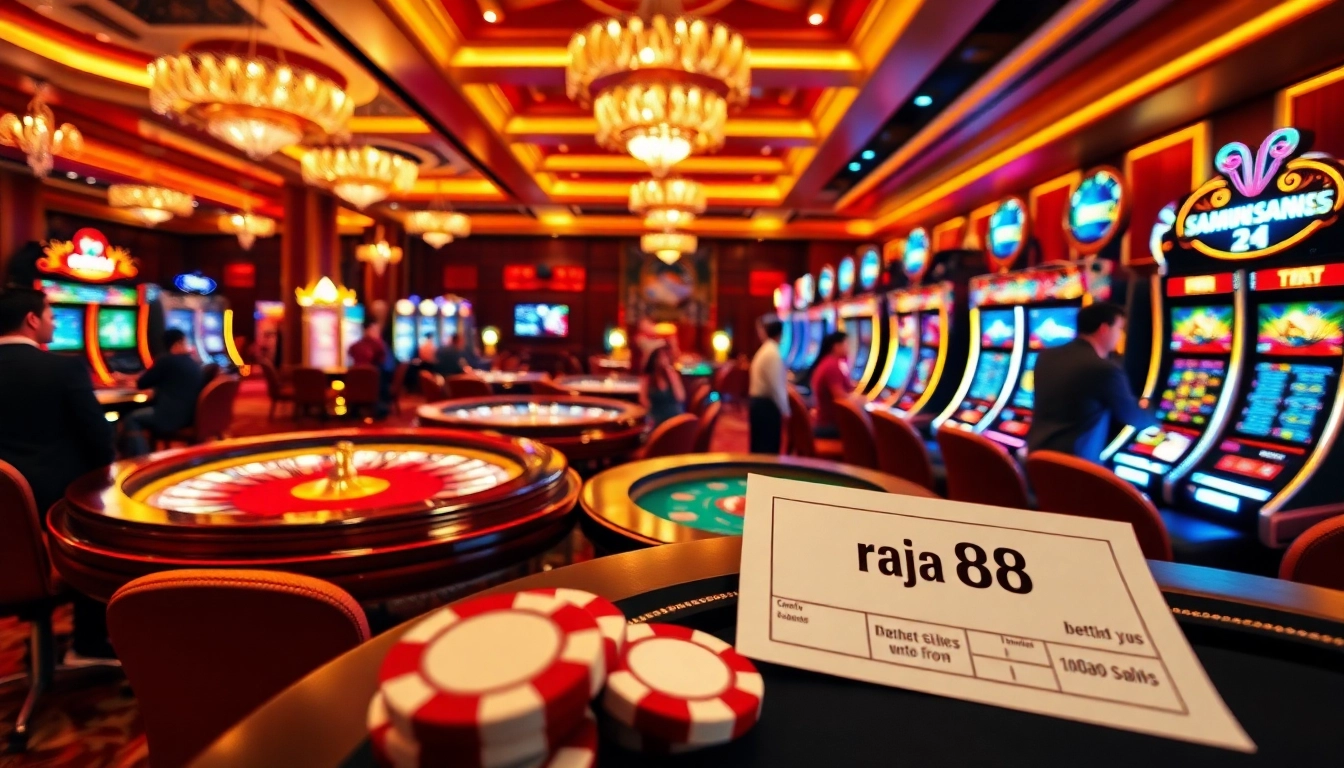 Exciting gaming table featuring 'raja 88' betting slips among vibrant casino visuals.