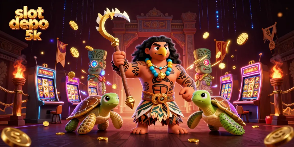 Experience thrilling wins at slot depo 5k with dynamic illustrations of casino elements and characters.