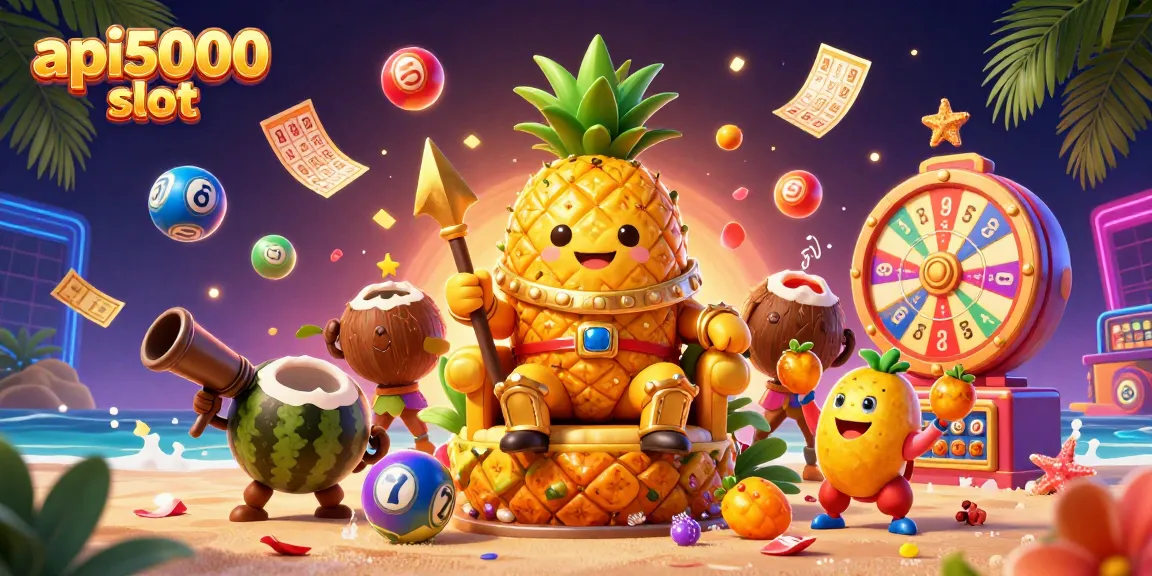 Gali kemenangan di api5000 slot dengan ilustrasi raja nanas emas dan unsur kasino yang ceria.