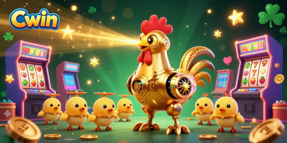 Cwin casino illustration featuring a golden rooster robot and baby chick drones amidst vibrant slot machine elements.