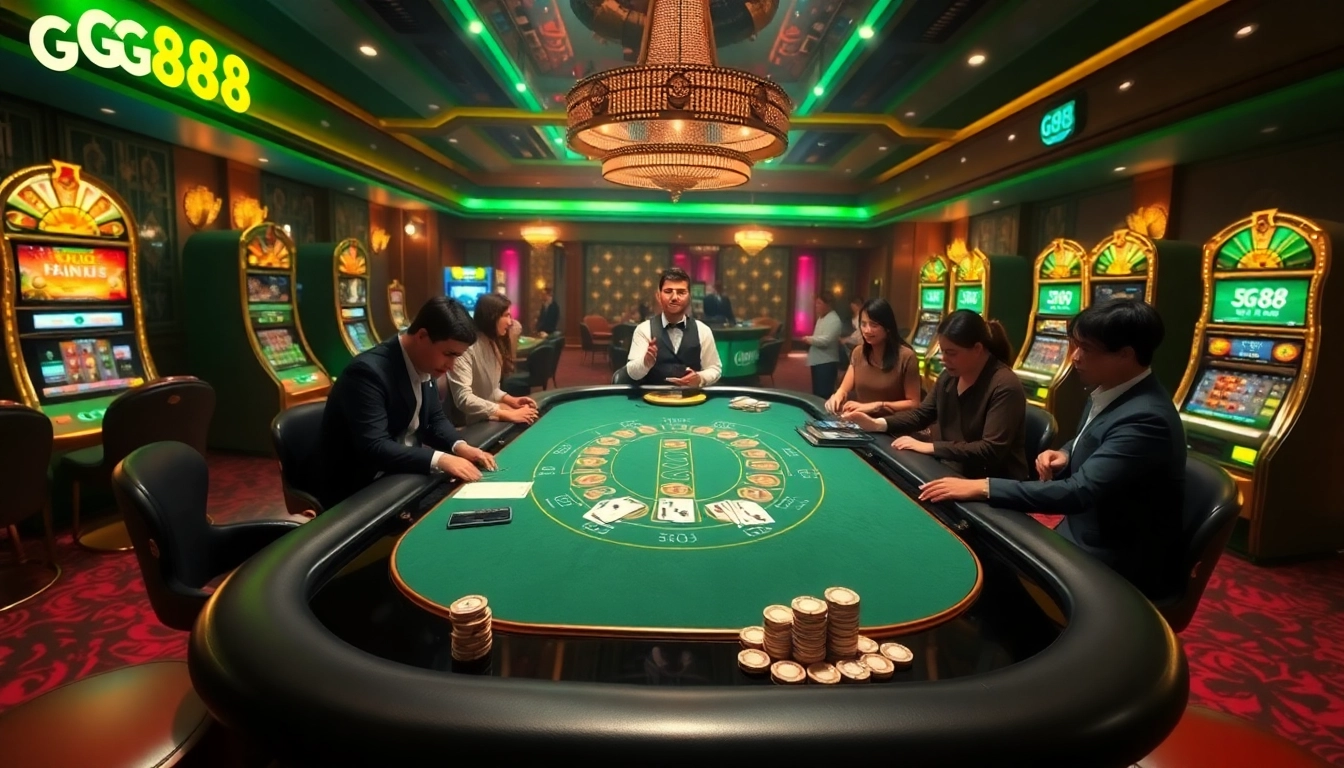 Players enjoy a thrilling game at GG88's luxurious casino ambiance, featuring cards and casino chips.