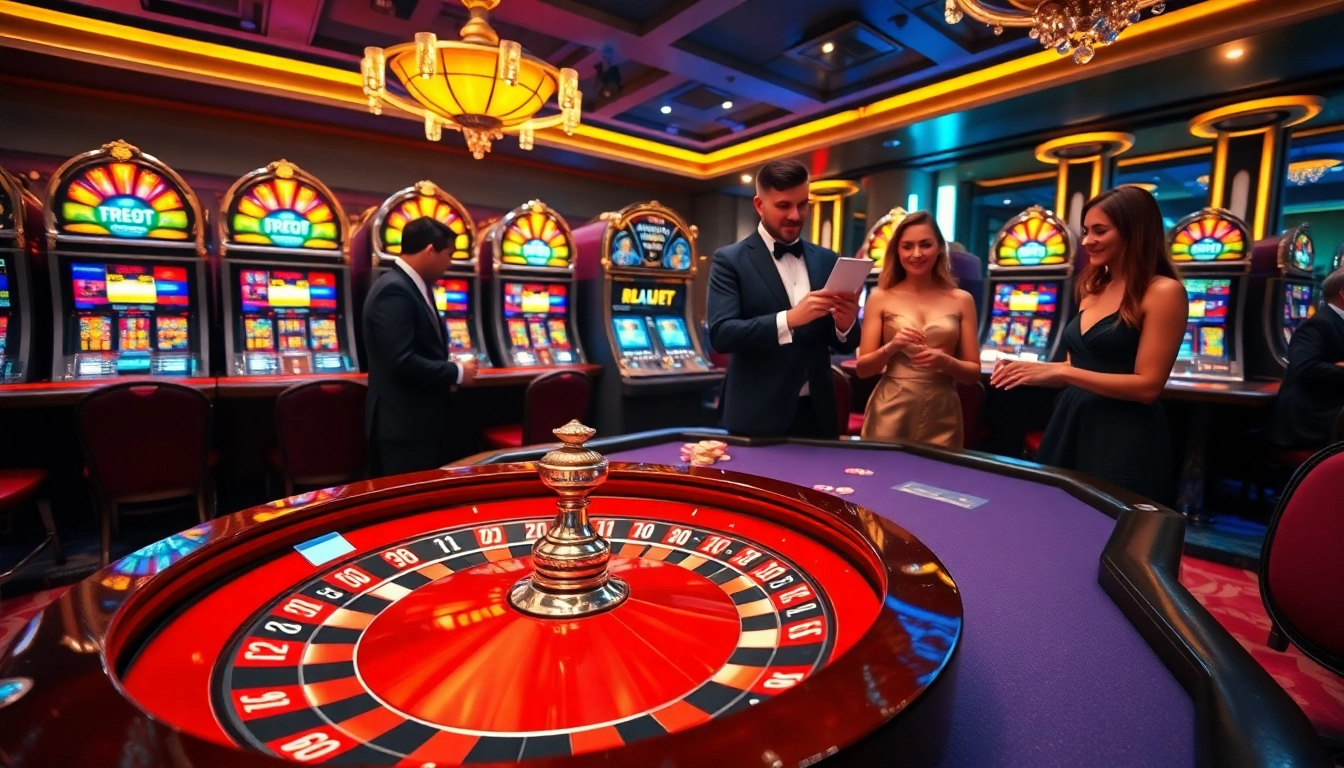 Exciting gambling scene with luxurious casino elements reflecting gojekpot excitement and thrill.
