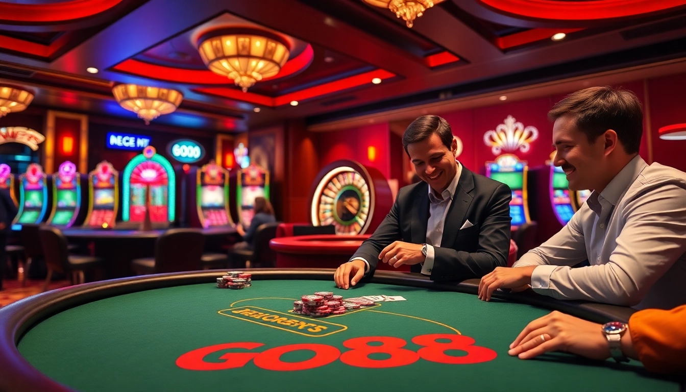 GO88 players enjoying an exciting poker game at a vibrant casino table.