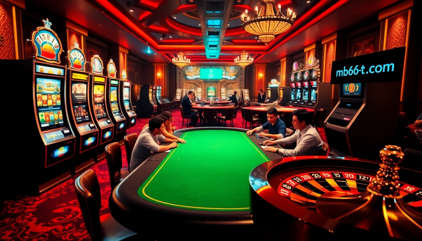 Experience thrilling gaming at mb66-t.com with a vibrant casino scene featuring tables and roulette.