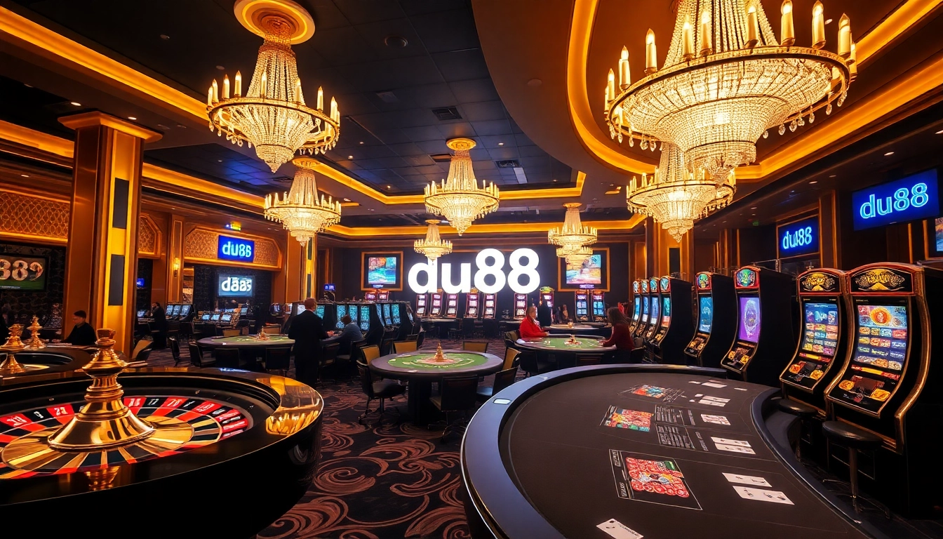 DU88 casino players enjoying vibrant gameplay with luxurious roulette wheels and slot machines.