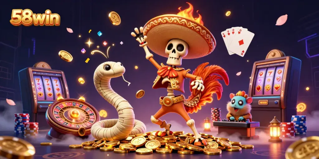Victory dance of a mariachi rooster in a 58win casino scene with gold coins and gaming elements.