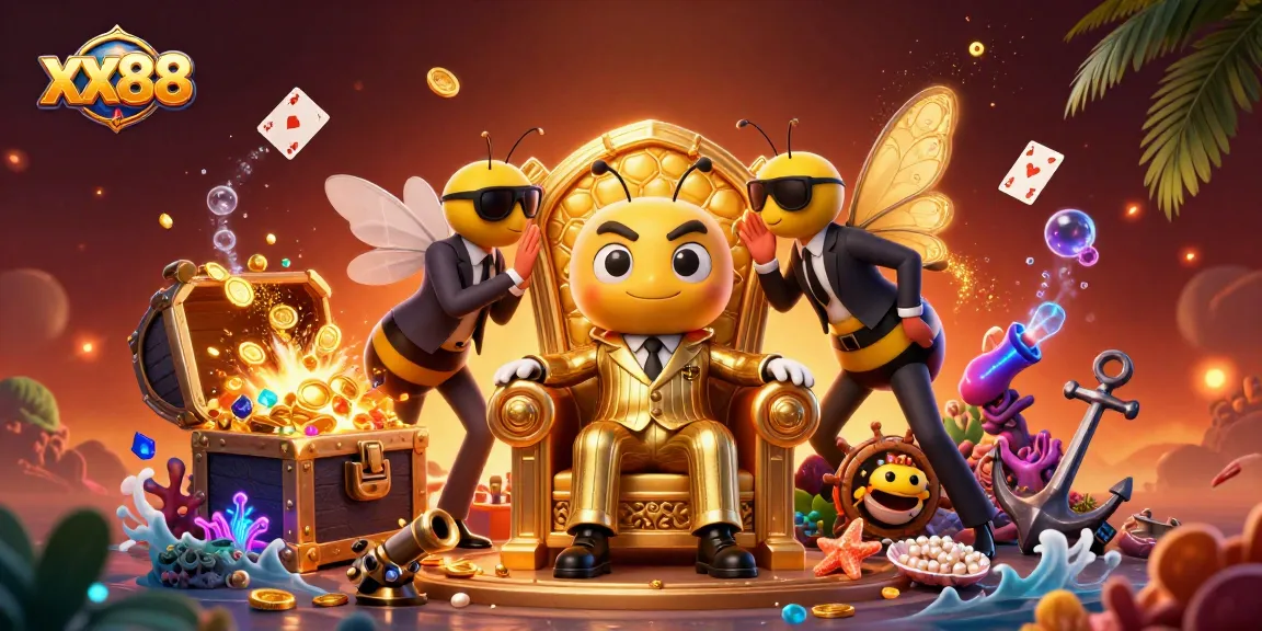 Engaging xx88 illustration showcasing a mob boss bee in a casino scene filled with vibrant gaming elements.