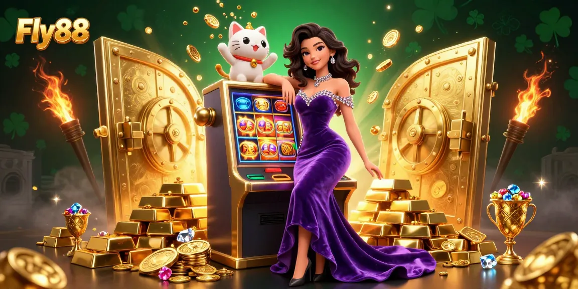Experience the thrill of winning at Fly88 with jackpot slots and a charming fortune cat.