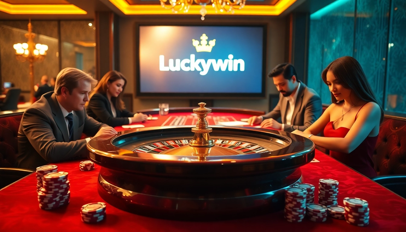 Gambling action featuring Luckywin roulette table and poker chips in a luxurious casino setting.