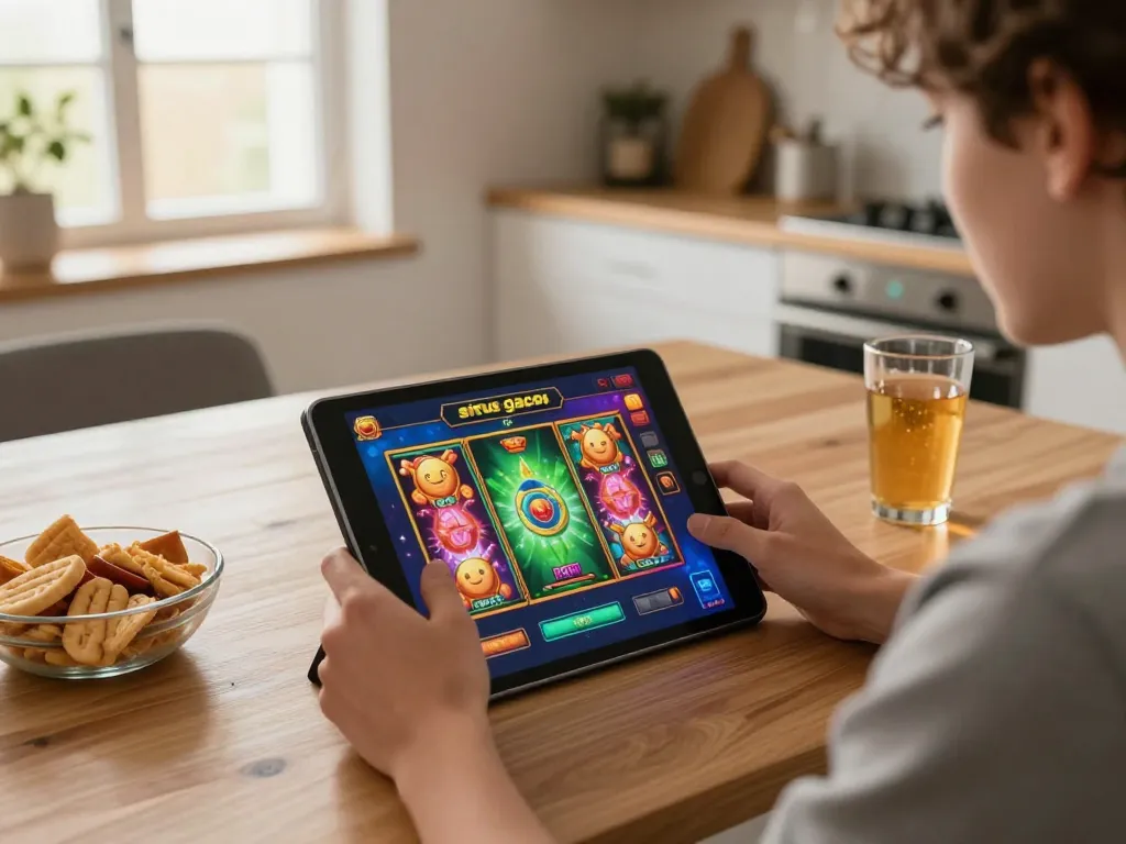 Enjoying situs gacor online slots on a tablet at home, showcasing a bright gaming experience.