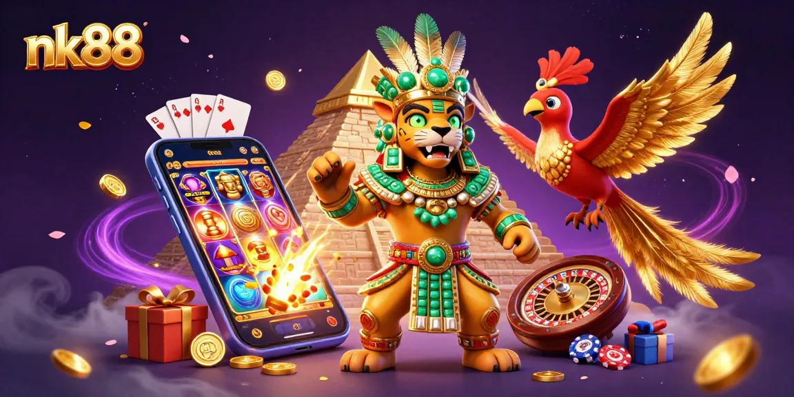This vibrant nk88 illustration showcases a thrilling casino atmosphere with colorful slots, cards, and dynamic game elements.