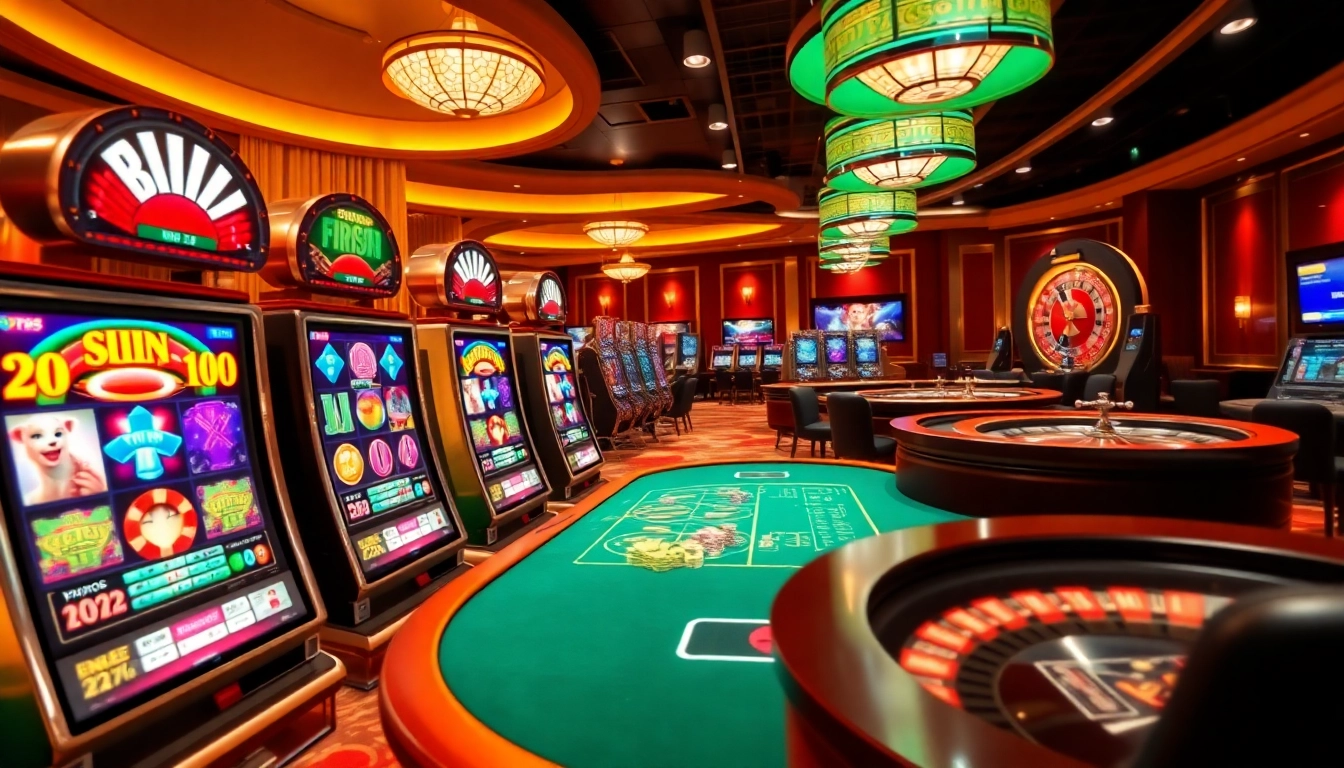 Engaging scene of vibrant 온라인슬롯 machines set in a luxurious casino, creating excitement.