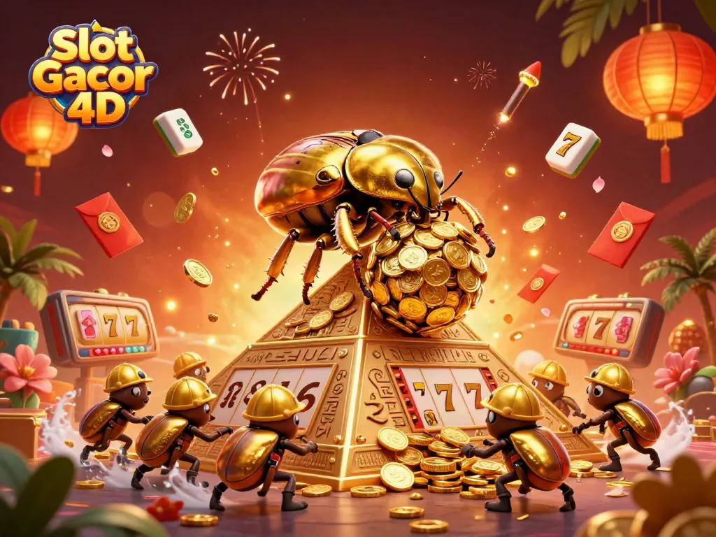 Slot Gacor 4D menampilkan kumbang emas besar menggulung koin emas di piramida, dikelilingi elemen kasino menarik.