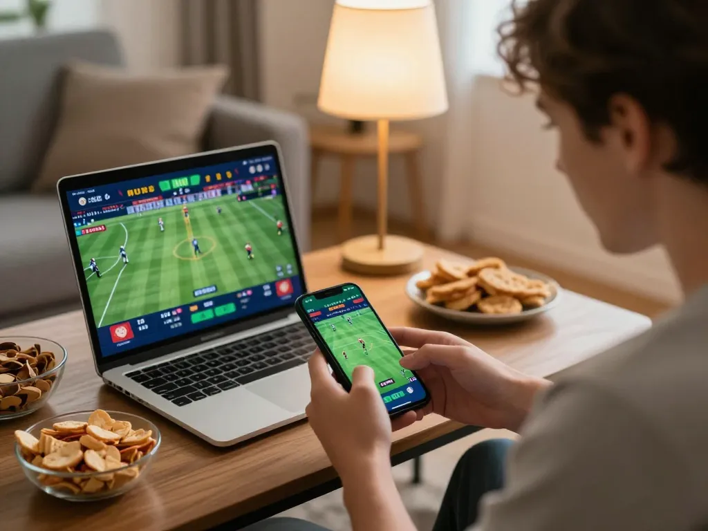 Fun88 user placing sports bets on a mobile app in a cozy home setting, capturing excitement and engagement.